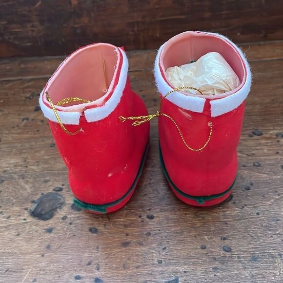 2 vintage red flocked Santa boot ornaments with bells - Picture 3 of 7